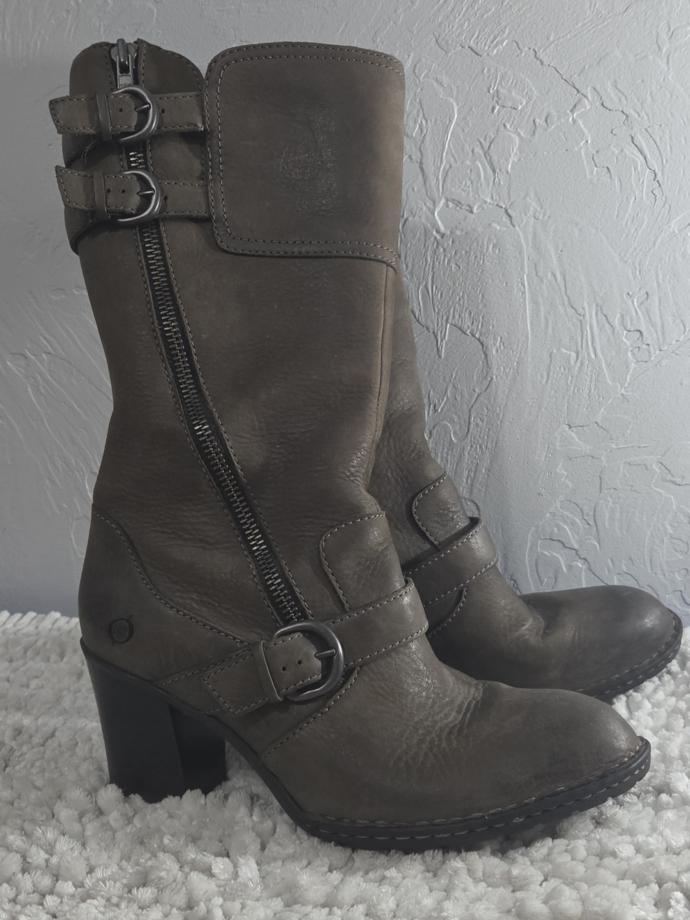 Born Tall Leather Boots Size 9.5 Brown Army Green Moto Biker Western Edgy